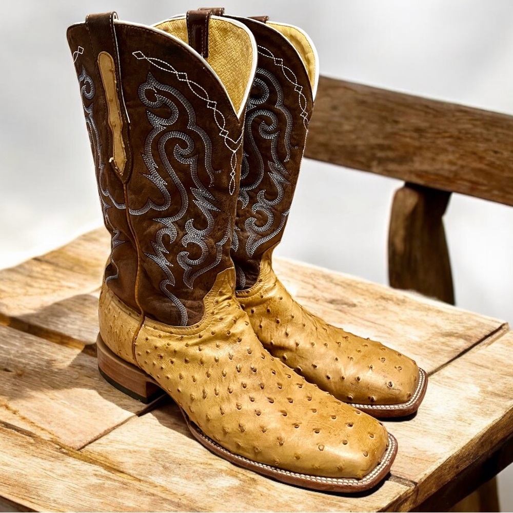 Cavender’s Full Quill Ostrich Wide Square Toe Exotic Cowboy Boots - Mens 10.5 EE